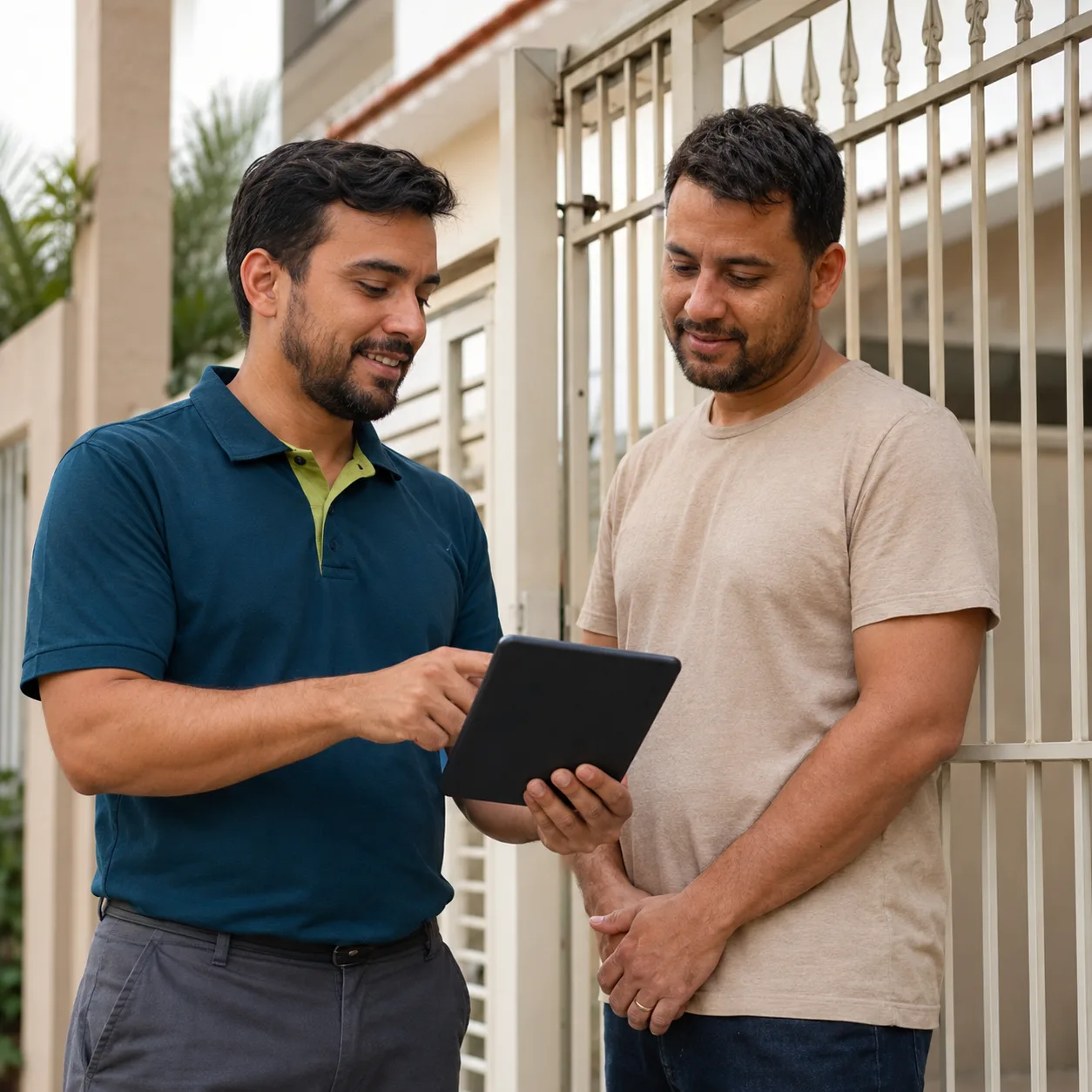 Técnico mostrando o orçamento em um tablet para o cliente