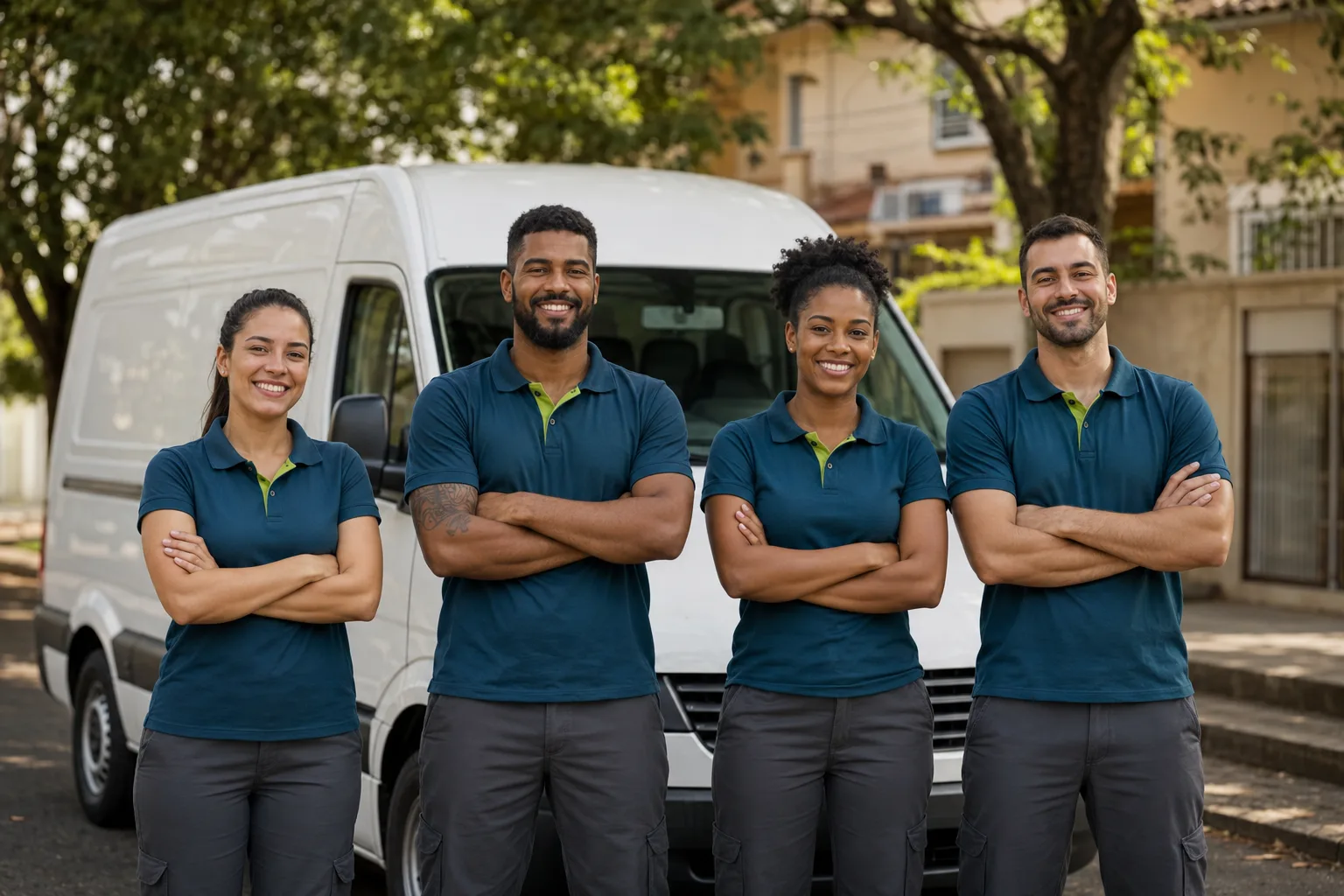 Equipe de técnicos de climatização uniformizados em frente à van de serviço